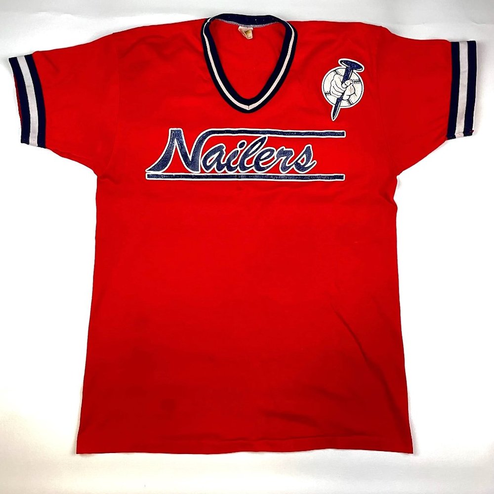 VTG 80s Russell Athletics Ringer Baseball Jersey Sz M/L Nailers Red V-Neck 1980s